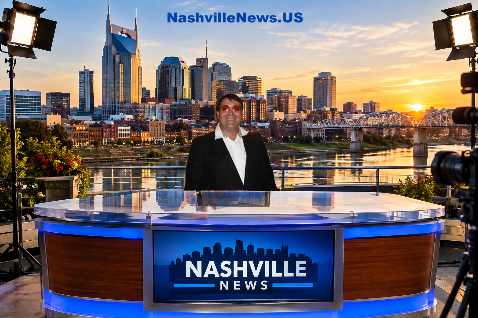 Steve at the NashvilleNews anchor desk, downtown Nashville skyline at sunset